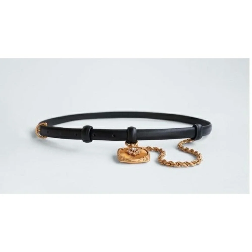 Zara Black Skinny Belt Gold Rope Chain Square Locket Pendant Rhinestone 85 NWT